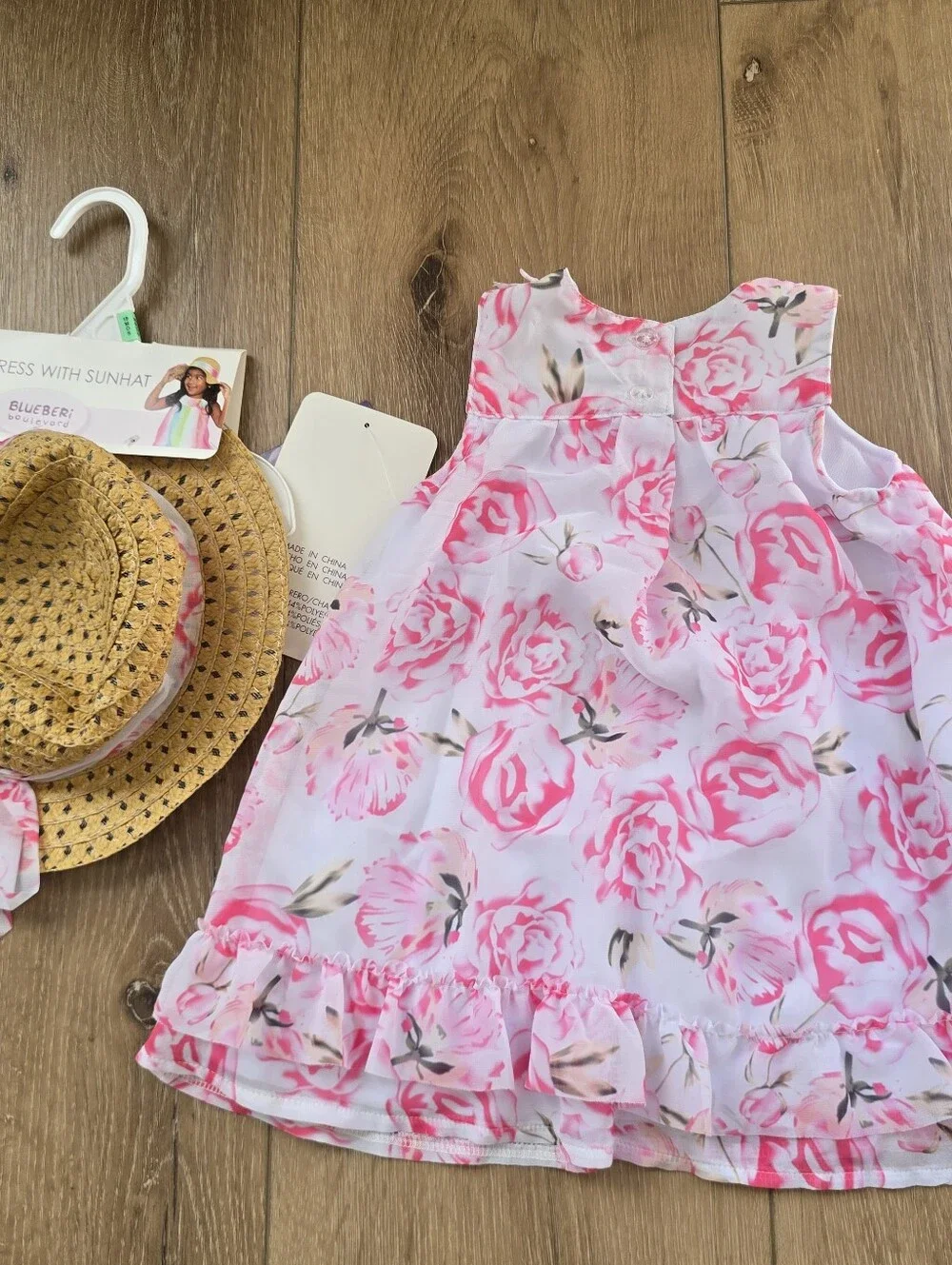 Blueberi Baby Girls Pink Rose Floral Ruffle Dress with Matching Sun Hat Size 18M